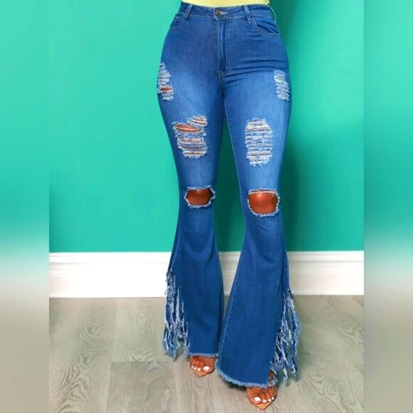 Fringed flare distressed bell bottoms sz X-large - Picture 3 of 7